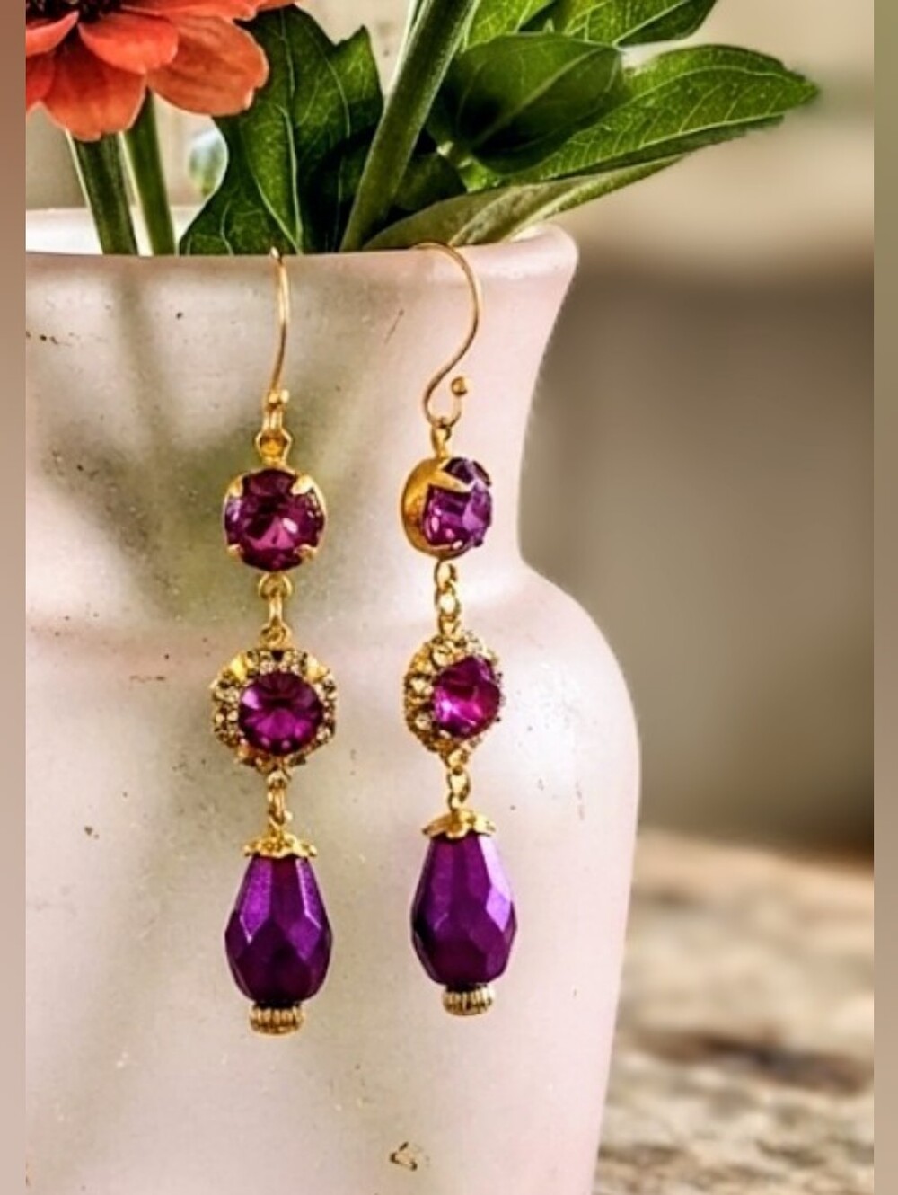 Victorian Mettalic Fuchsia Pink Flower & Swarovski Crystal Long In GP Earrings